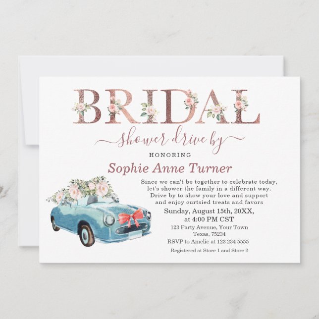 Old Car Pink Blush Floral Bridal Shower Drive By Invitation (Front)