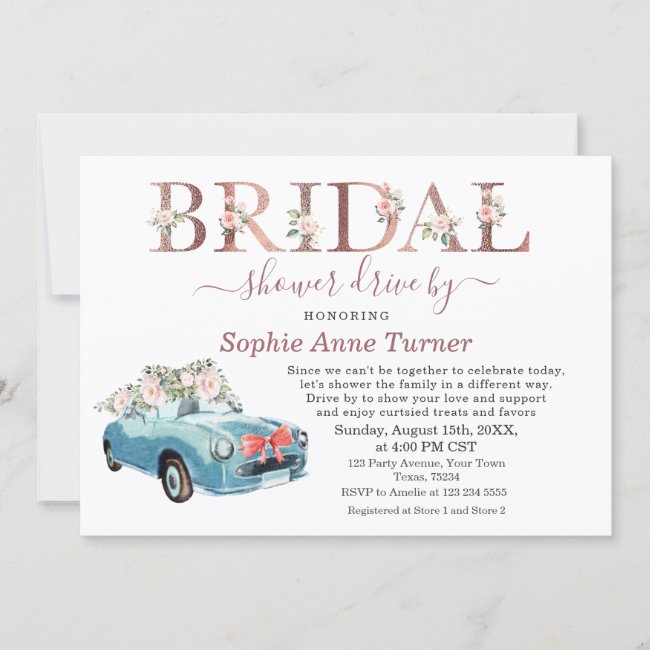 Old Car Pink Blush Floral Bridal Shower Drive By Invitation