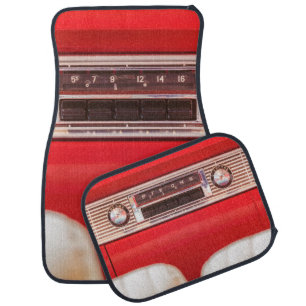 Old car radio inside a red classic American car wi Car Floor Mat