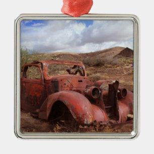 Old Car Rusting In Desert Landscape Metal Ornament