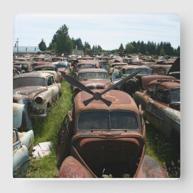 Old Car Wall Clock Garage Clock Junkyard Scene (Front)