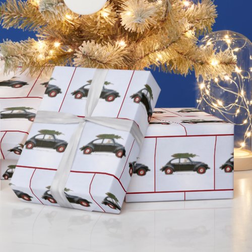 Old Car With Christmas Tree and Dog Wrapping Paper