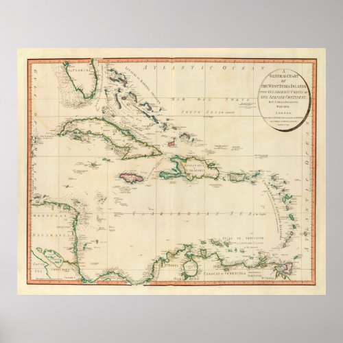 Old Caribbean Map 1796 Vintage West Indies Atlas Poster