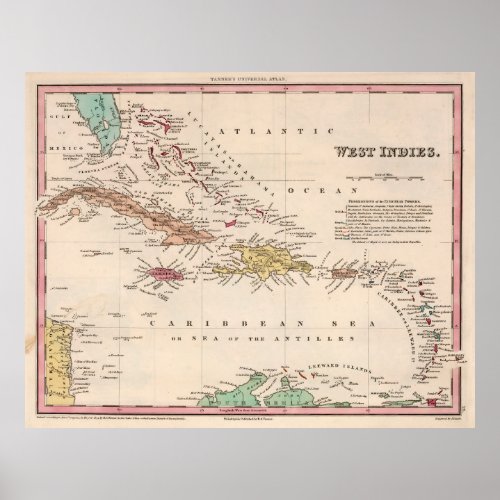 Old Caribbean Map 1834 Vintage West Indies Atlas Poster