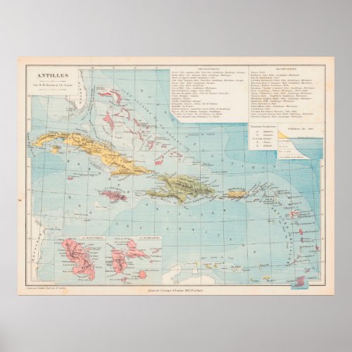 Old Caribbean Map 1886 Vintage West indies Isles Poster