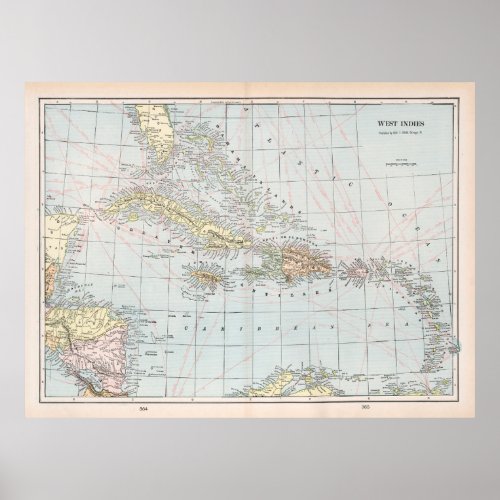 Old Caribbean Map 1901 Vintage West Indies Atlas Poster
