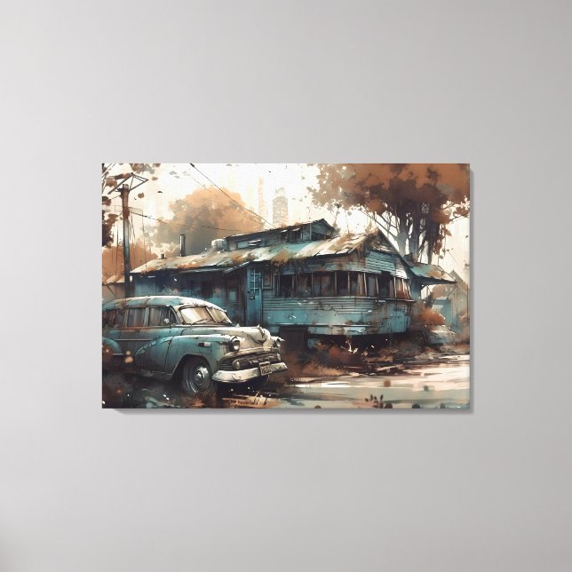 Old cars in front of an old house canvas print (Front)