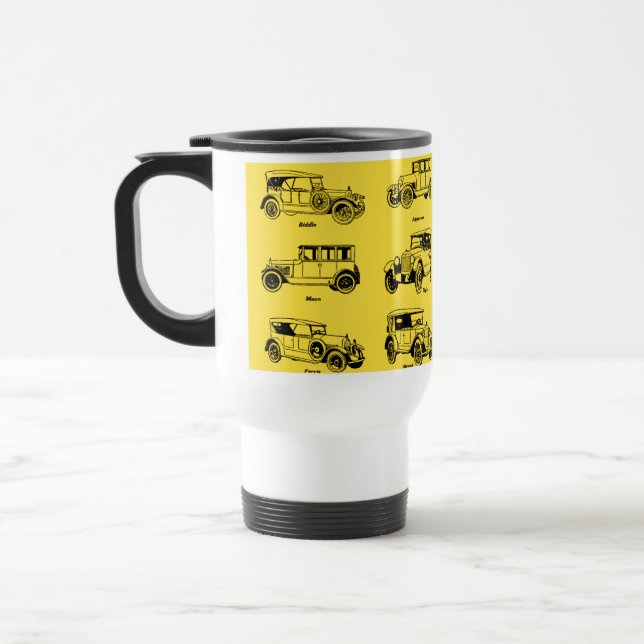 old cars yellow bottom retro red label travel mug (Left)