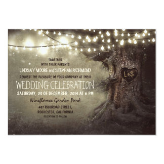 old carved tree twinkle lights rustic wedding card