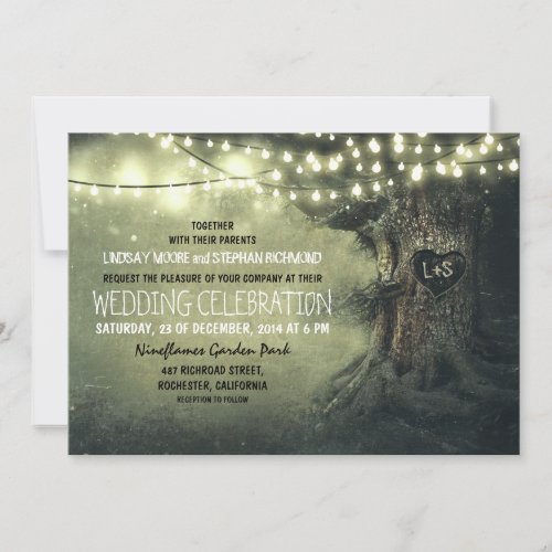 old carved tree twinkle lights rustic wedding cards