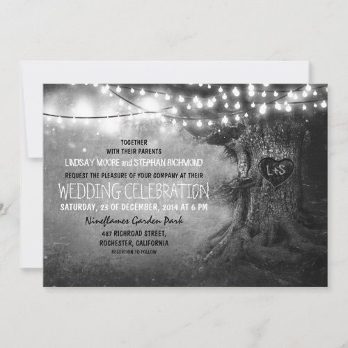 old carved tree twinkle lights rustic wedding personalized invitations