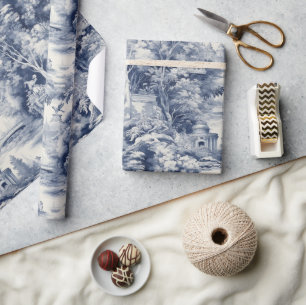 Old Castle Modern Blue Toile de Jouy pattern Wrapping Paper