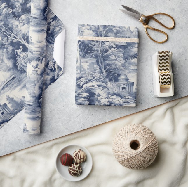 Old Castle Modern Blue Toile de Jouy pattern Wrapping Paper (Crafts)