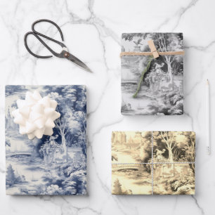 Old Castle Modern Blue Toile de Jouy pattern Wrapping Paper Sheets