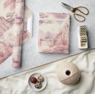 Old Castle Modern Red Toile de Jouy pattern Wrapping Paper
