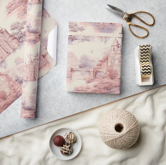 Old Castle Modern Red Toile de Jouy pattern Wrapping Paper (Crafts)