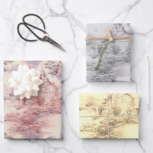 Old Castle Modern Red Toile de Jouy pattern Wrapping Paper Sheets