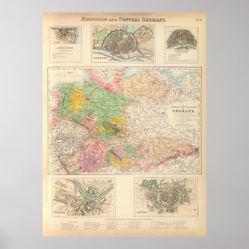 Old Central  Northern Germany Cities Map 1872  Poster
