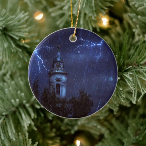 Old chapel and thunderstorm ceramic ornament