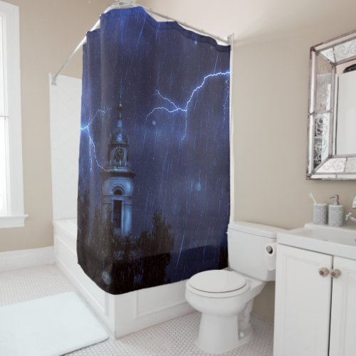 Old chapel and thunderstorm shower curtain
