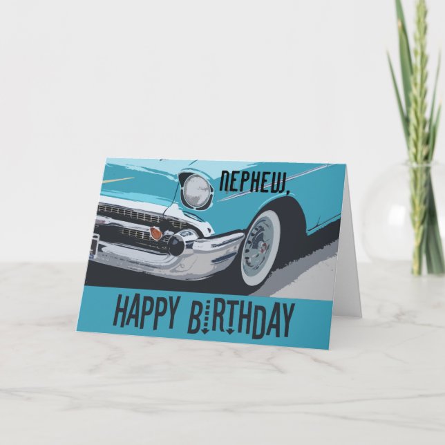 Old Chevy birthday in blue for any nephew. Card (Front)