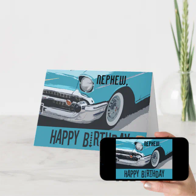 Old Chevy birthday in blue for any nephew. Card | Zazzle