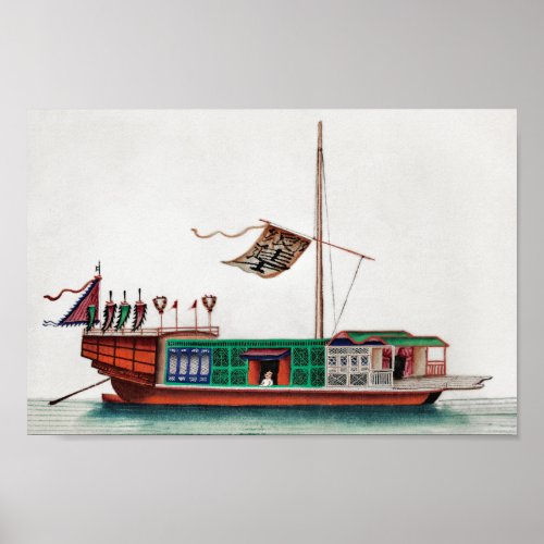 Old chinese painting of a river passenger junk poster