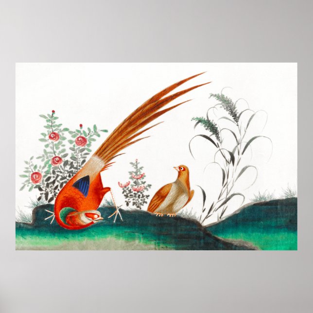 Old chinese painting of two birds among flowers poster (Front)