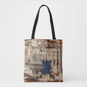 Old city of Lisbon with view tower and church ruin Tote Bag