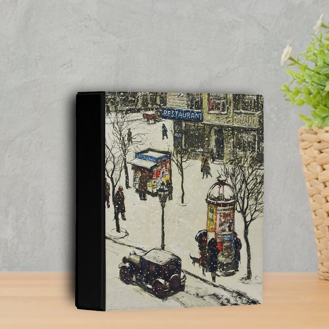Old City Street Scene in Winter Car Restaurant Mini Binder (Vintage City street scene from 1920's in winter with snow on black binder.)
