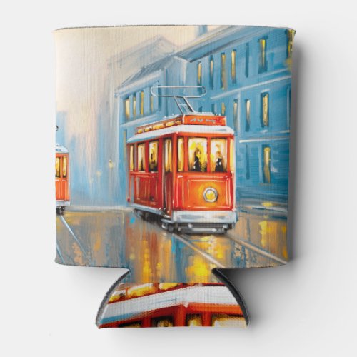 Old City Tram Oil Painting Can Cooler