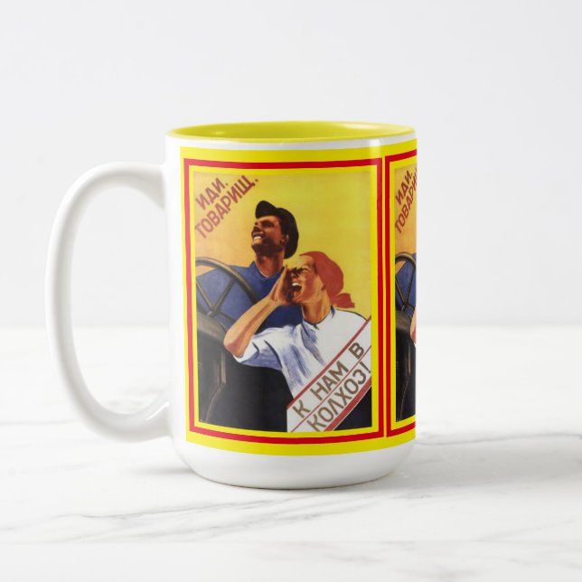 Old Classic 1939 Soviet Poster Come Comrade Two-Tone Coffee Mug (Left)