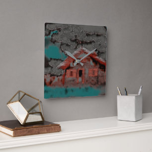 Old clay house with drizzled motion, under clouds  square wall clock