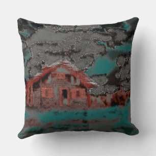 Old clay house with drizzled motion, under clouds throw pillow