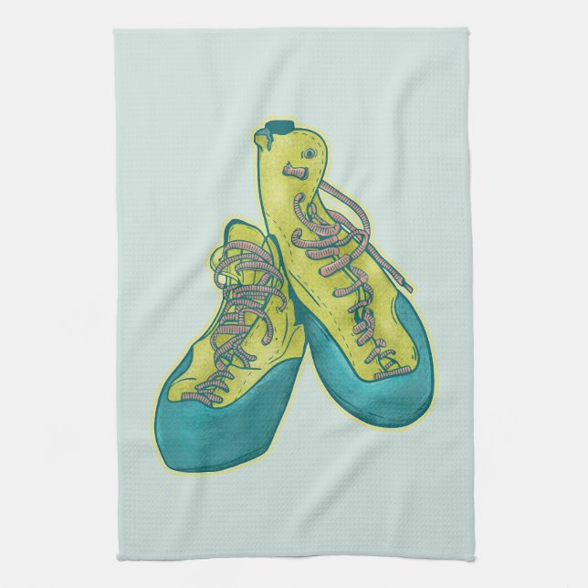 Old climbing shoes rock climbing kitchen towel (Vertical)