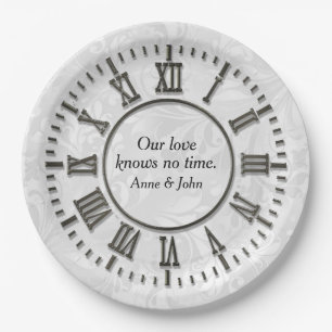 Old Clock With No Hands Damask Satin Paper Plates