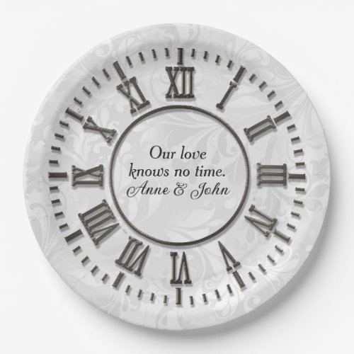 Old Clock With No Hands Damask Satin Paper Plates
