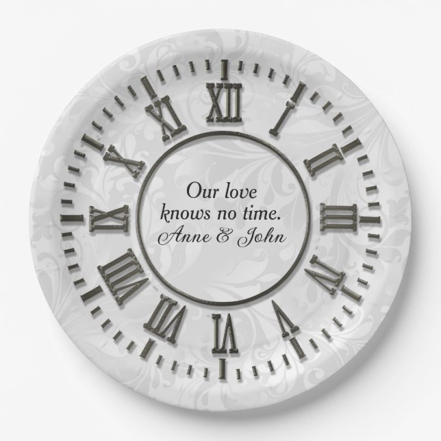 Old Clock With No Hands Damask Satin Paper Plates (Front)
