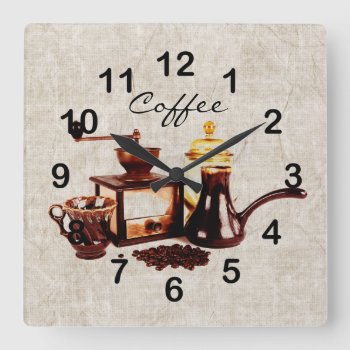 Old Coffee Mill With Coffee Beans Square Wall Clock by hutsul at Zazzle