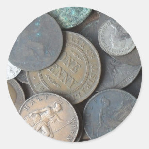 old coins mainly pennies and half pennies classic round sticker