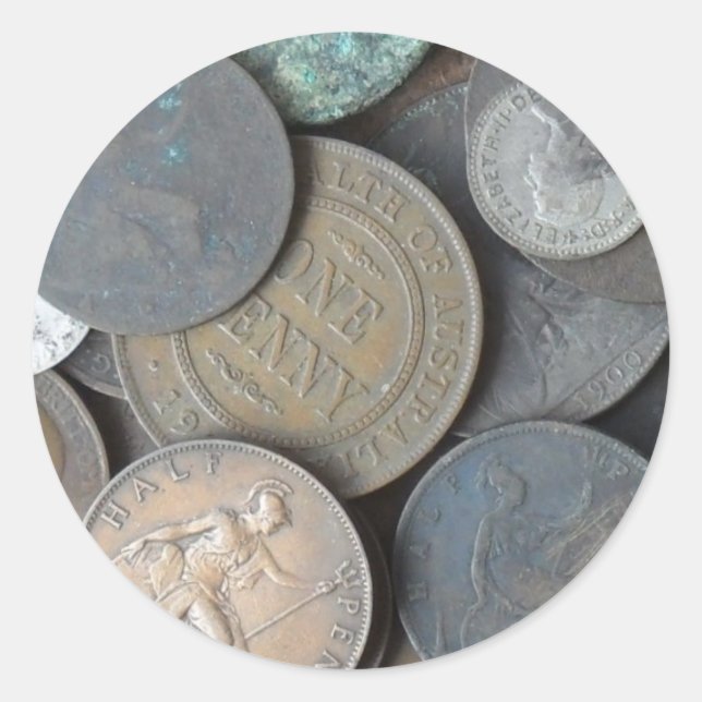 old coins mainly pennies and half pennies classic round sticker (Front)
