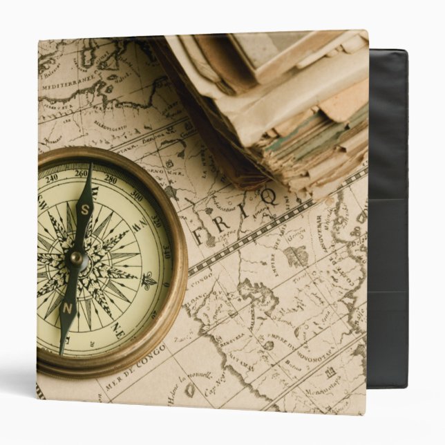 Old Compass Over Ancient Map 3 Ring Binder (Front/Inside)