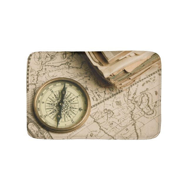 Old Compass Over Ancient Map Bathroom Mat (Front)