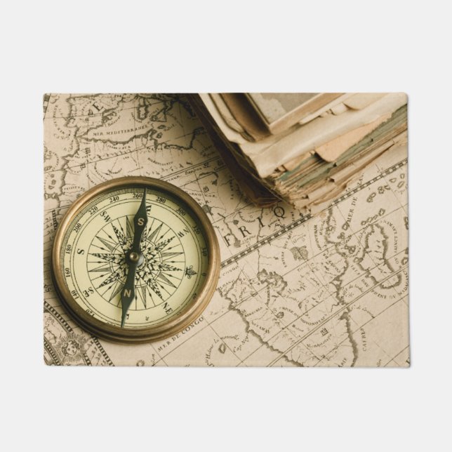 Old Compass Over Ancient Map Doormat (Front)