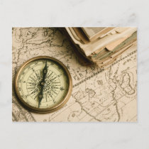 Old Compass Over Ancient Map Postcard