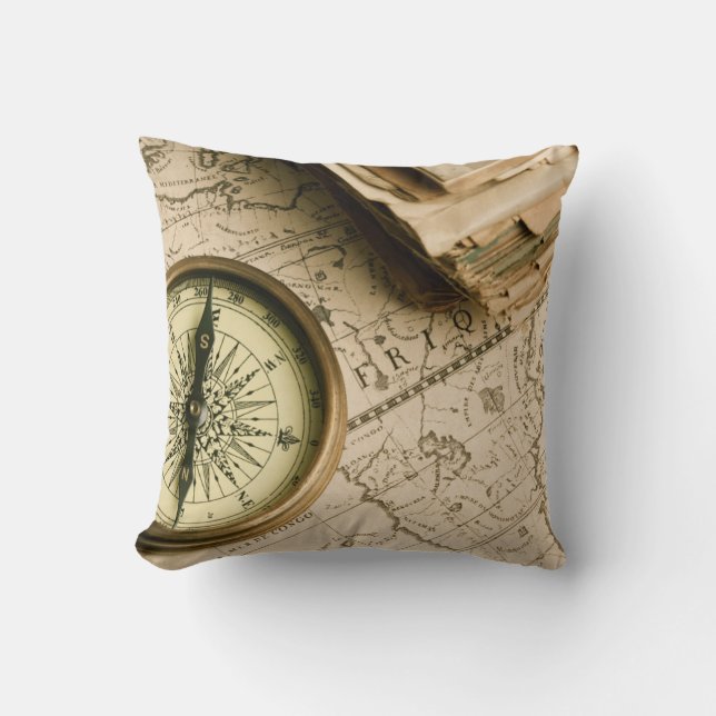 Old Compass Over Ancient Map Throw Pillow (Front)