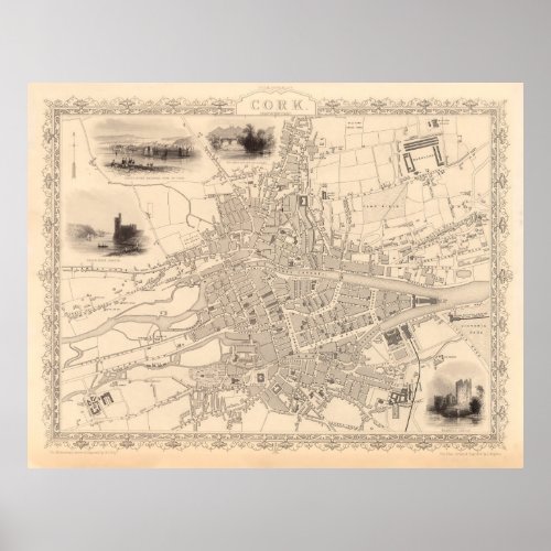 Old Cork Ireland Map 1851 Vintage Corcaigh City  Poster