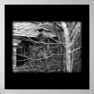 Old cottage and Tree. Black and white. Poster