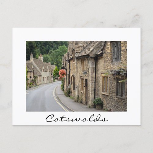 Old cottages in Castle Combe white text postcard