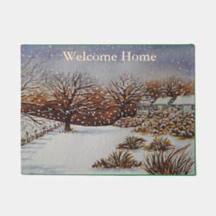 old cottages rustic landscape snow scene winter doormat